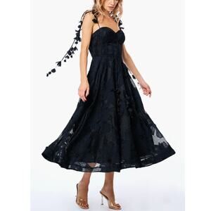 Ciebon Emilia Bustier Lace Midi Cocktail Dress Black Sz XS NWOT Petal Tie Straps